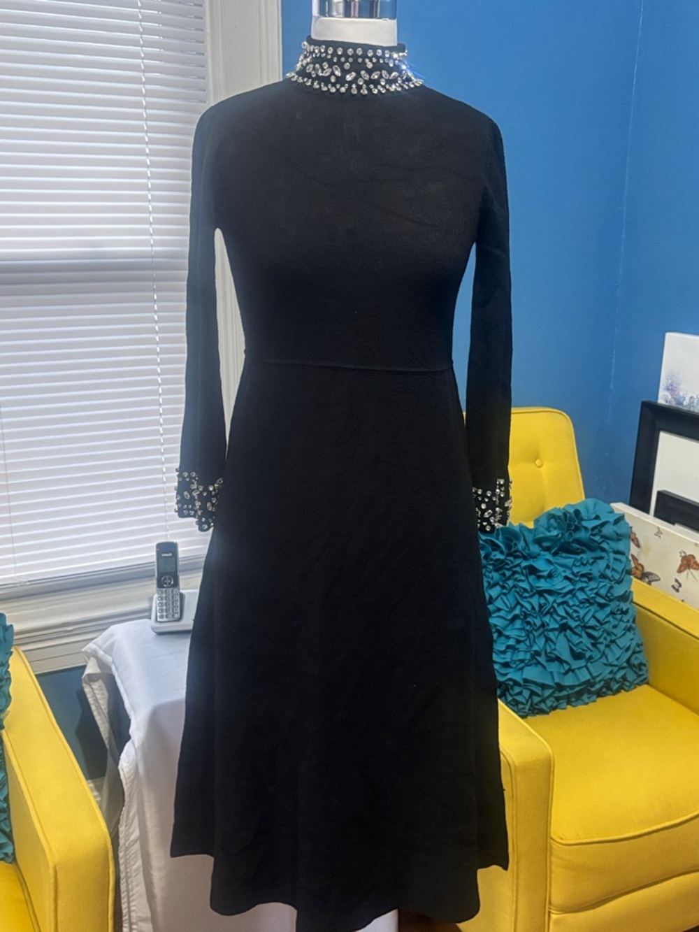 Black Beaded Mock Neck A-Line Dress size xxs can fit up to a small